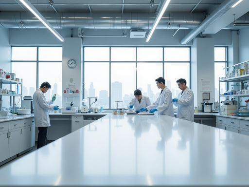 Team of engineers working together in laboratory setting, examining electronic devices, white lab coats, scientific equipment visible, collaborative atmosphere