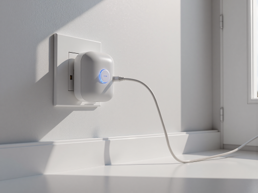 Indoor LED mosquito trap device with white plastic housing, blue UV light visible through transparent front panel, placed on white surface, modern minimalist design