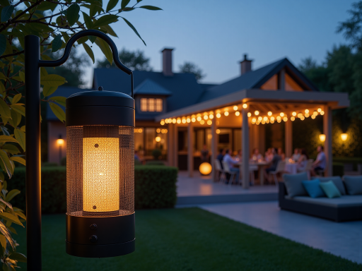 Outdoor LED mosquito control device with weather resistant black housing, hanging hook at top, placed in garden setting with green plants, dusk lighting